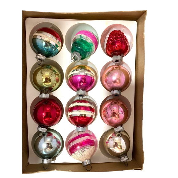 Vintage Shiny Brite Glass Ornaments 12 Box 2" Striped Solids Raspberry Torpedo - Picture 2 of 10